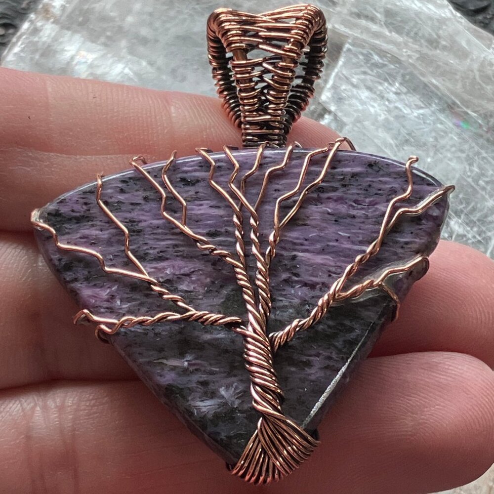 Copper Wire Wrapped Tree Of Life Charoite Crystal Pendant
